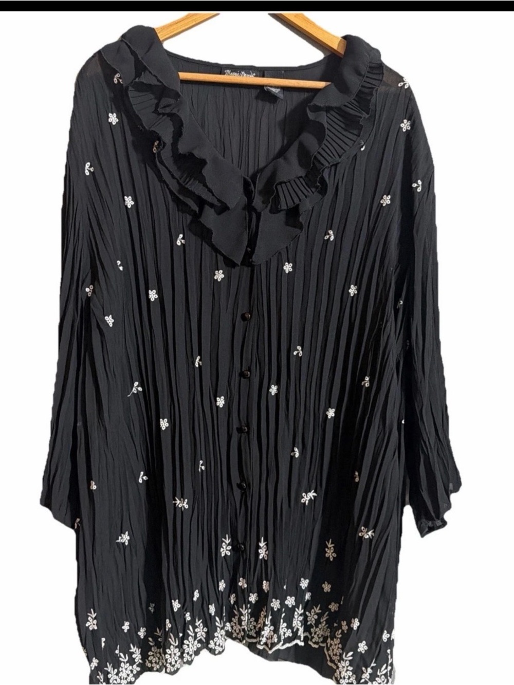 Maggie Barnes Black Embroidered Chiffon Pleated Ruffle Tunic Blouse 3X